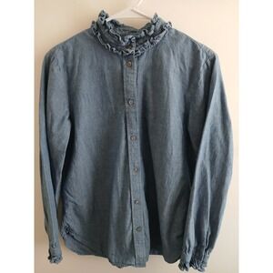 J. Crew Women's Classic-fit Ruffleneck Chambray Button Up Shirt Size 10 Preppy